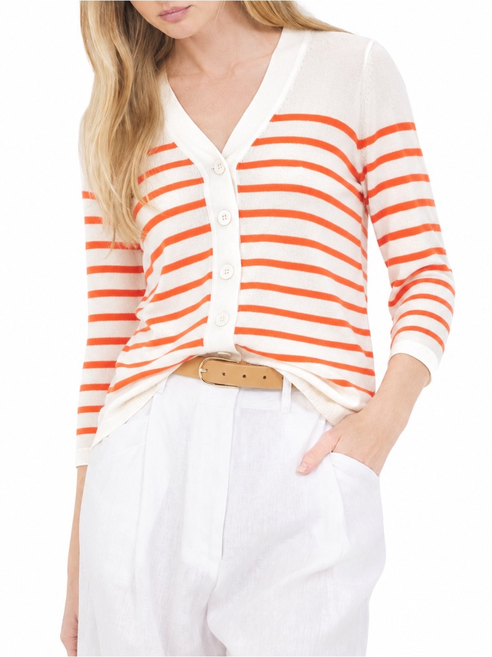 Pure Collection Striped Cotton Cardigan Sweater Orange Stripe Sz 8 Nautical